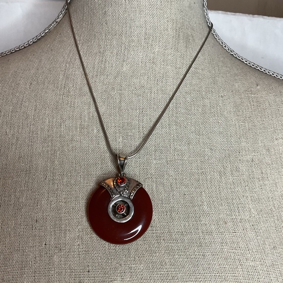 Sterling Silver Carnelian Donut Pendant Necklace Red Stone - Picture 4 of 9